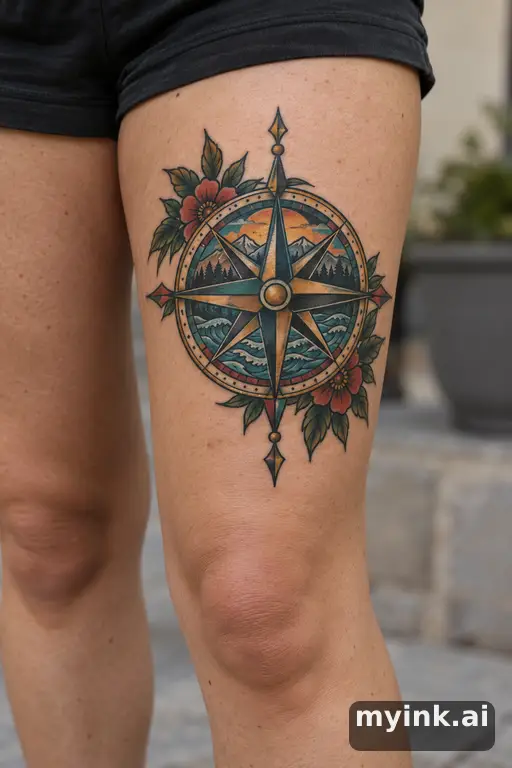 Compass rose β Neo-Traditional Thigh Tattoo reference image