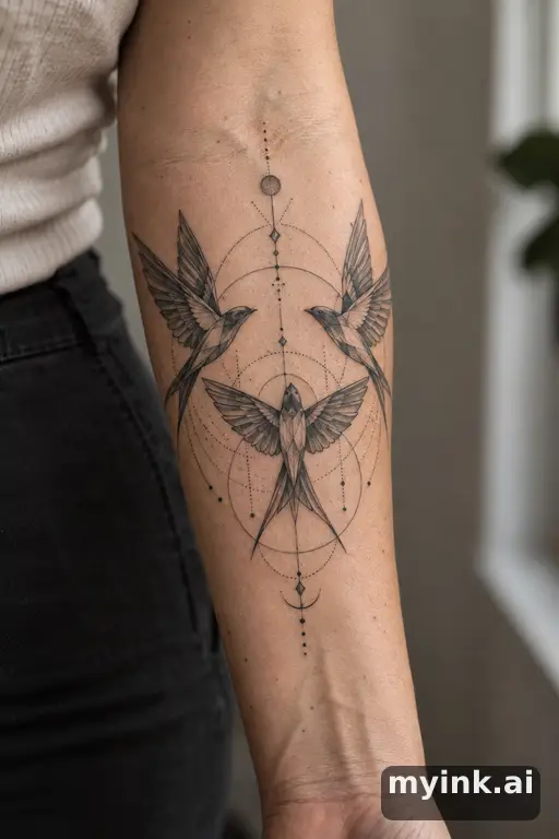 Three birds flying together — Geometric Family Tattoo reference image