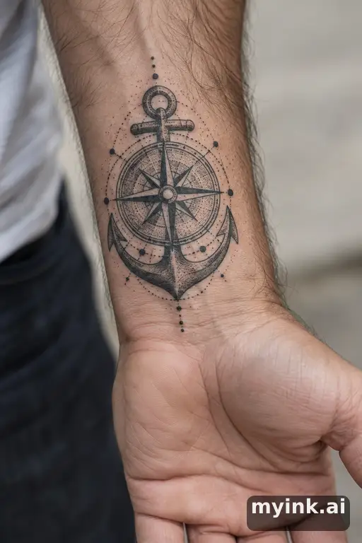 Compass with an anchor β Dotwork Compass Tattoo reference image