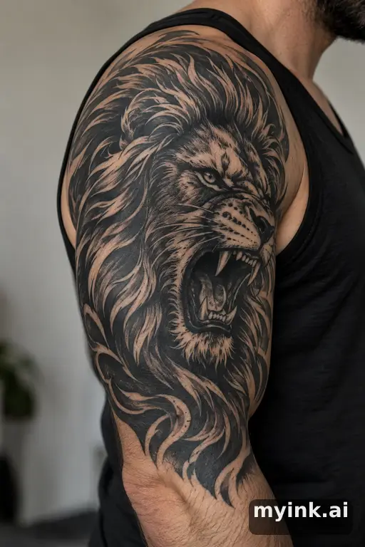 Roaring lion head β Blackwork Half Sleeve Tattoo reference image
