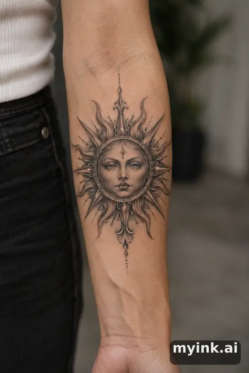 Sun with ornamental rays — Realistic Tattoo for Women reference image