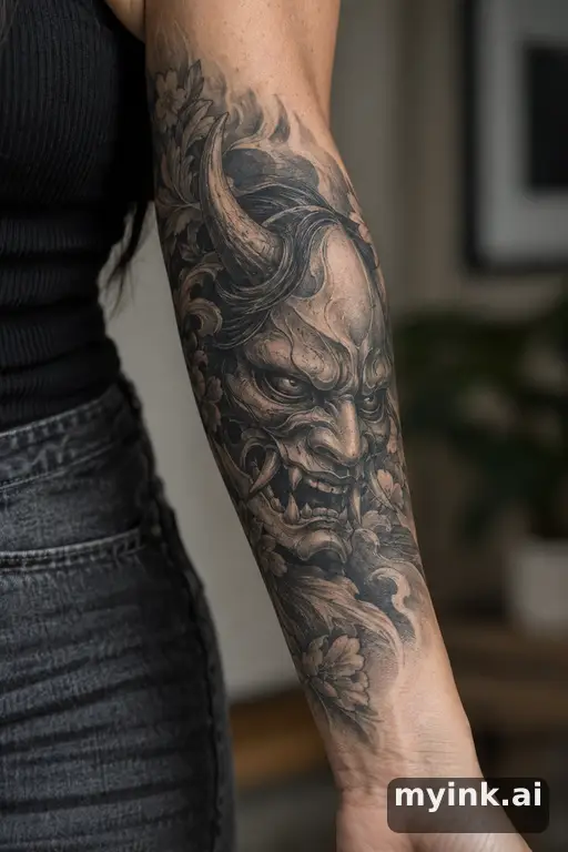 Oni demon mask — Realistic Forearm Tattoo reference image