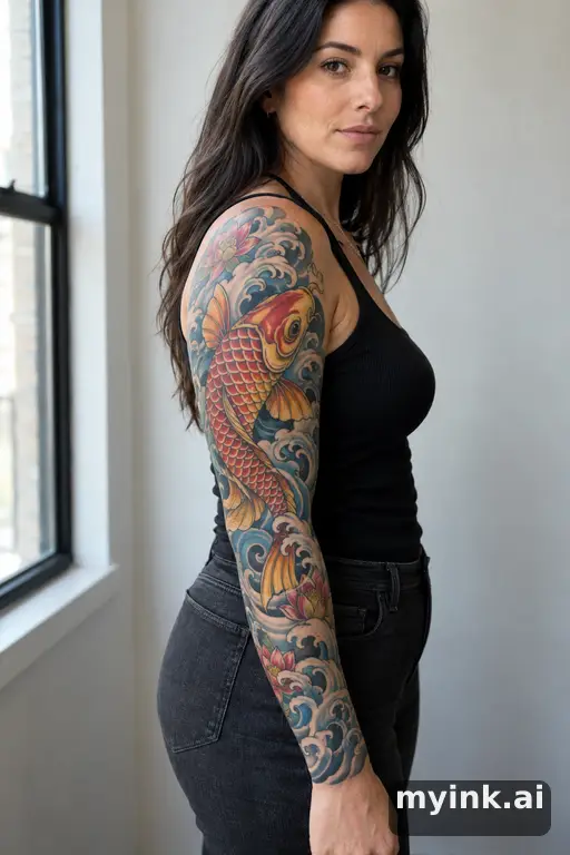 Koi fish swimming through waves — Traditional Sleeve Tattoo reference image