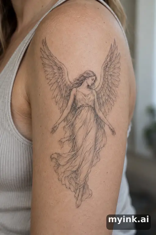 Angel with wings — Fine Line Tattoo reference image