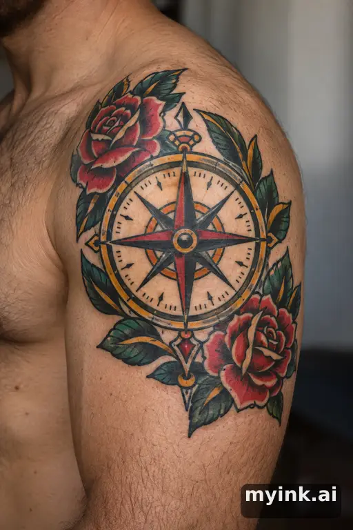 Compass with roses β Traditional Compass Tattoo reference image