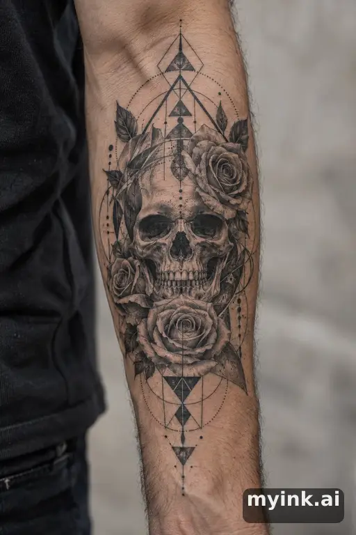 Skull wrapped in roses — Geometric Forearm Tattoo reference image