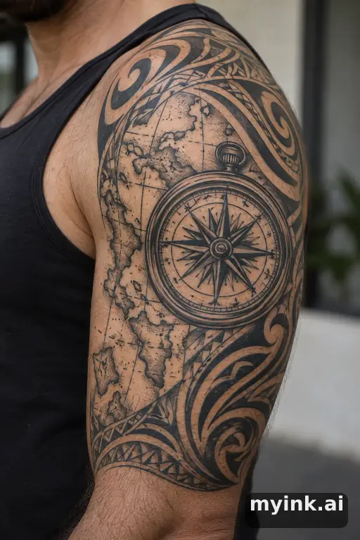 Vintage compass over a map β Tribal Compass Tattoo reference image