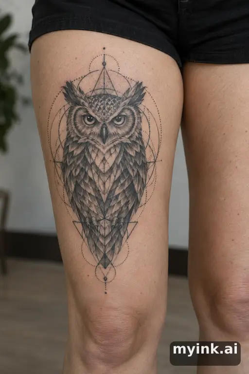 Owl β Geometric Thigh Tattoo reference image
