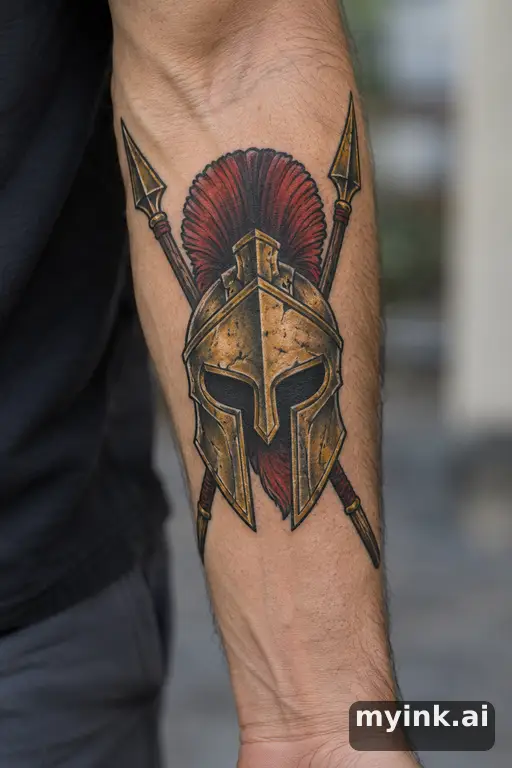 Spartan helmet with crossed spears — Neo-Traditional Forearm Tattoo reference image