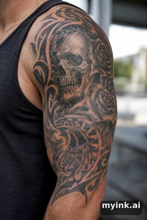 Skull with roses β Tribal Half Sleeve Tattoo reference image
