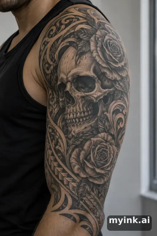 Skull with roses β Tribal Half Sleeve Tattoo reference image