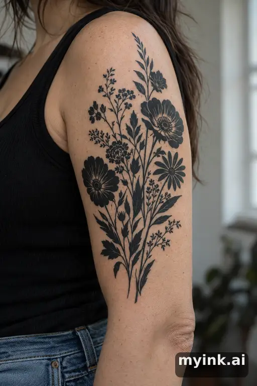 Botanical bouquet of wildflowers β Blackwork Tattoo for Women reference image