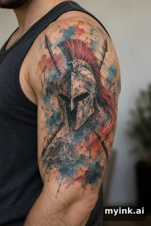Spartan helmet with crossed spears β Watercolor Half Sleeve Tattoo reference image