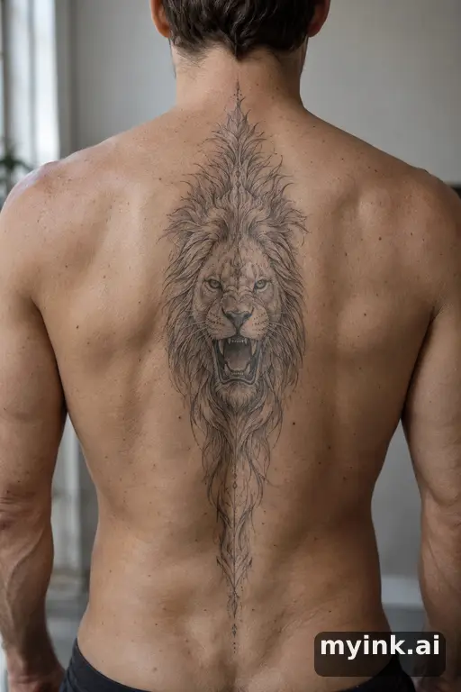 Roaring lion head — Fine Line Spine Tattoo reference image