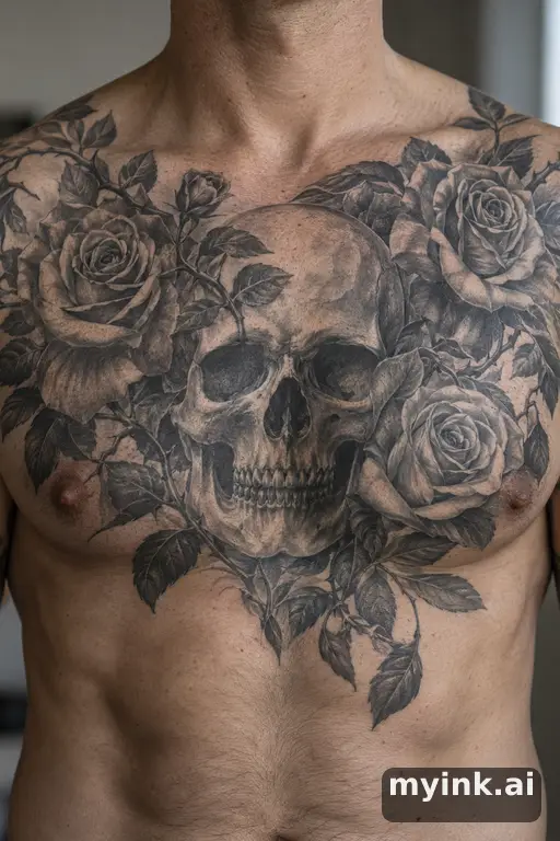 Skull wrapped in roses β Realistic Chest Tattoo reference image