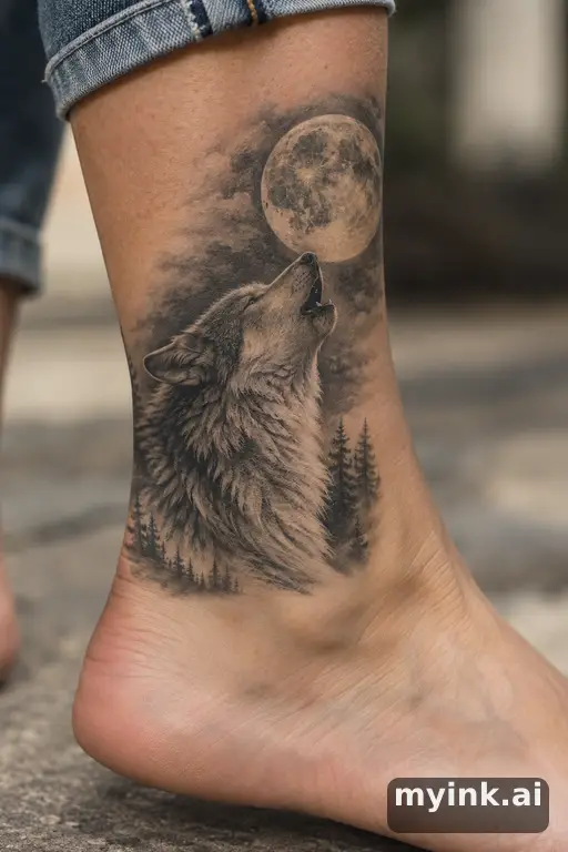 Wolf howling at the moon — Realistic Moon Tattoo reference image