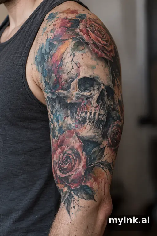 Skull with roses β Watercolor Half Sleeve Tattoo reference image