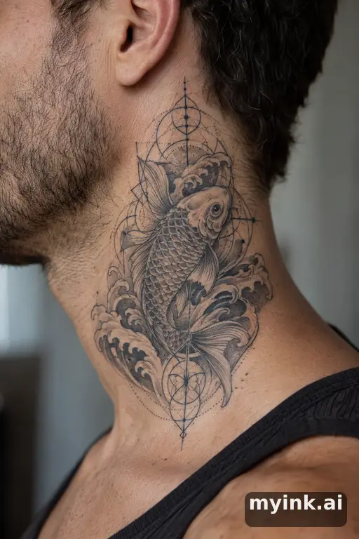 Koi fish in waves — Geometric Masculine Tattoo reference image