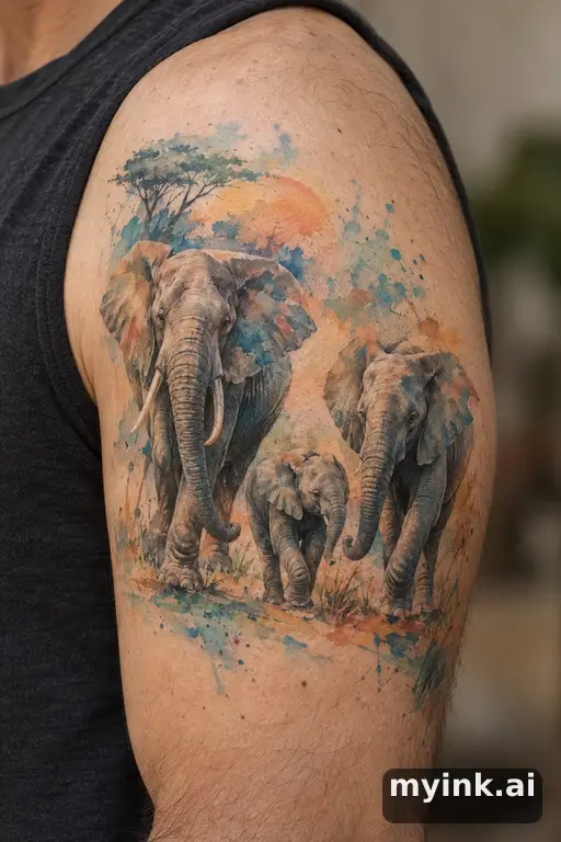 Elephant family walking together — Watercolor Family Tattoo reference image