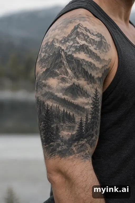 Mountain range with a pine forest — Realistic Half Sleeve Tattoo reference image