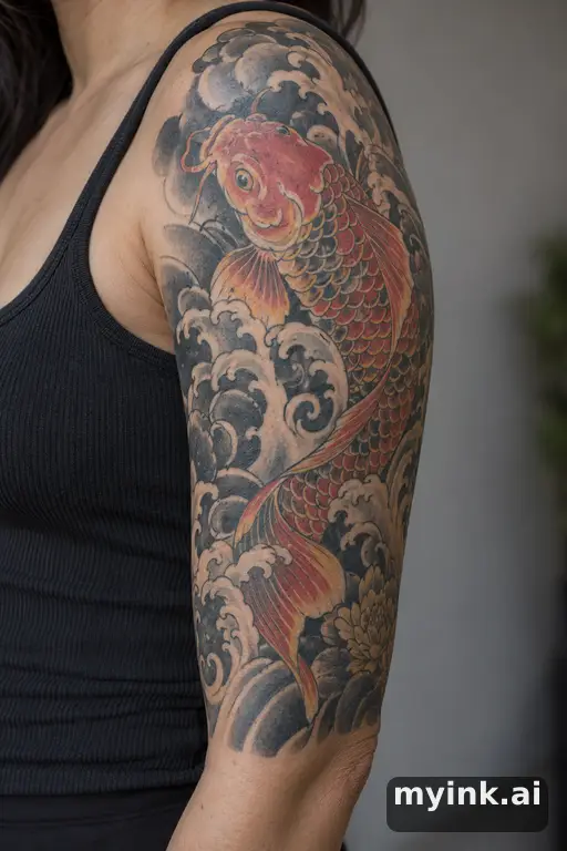 Koi fish in waves — Japanese Half Sleeve Tattoo reference image