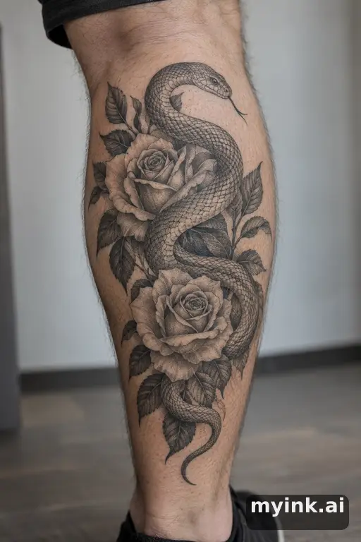 Snake winding through roses β Dotwork Leg Tattoo reference image