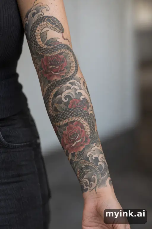 Snake winding through roses — Japanese Tattoo for Women reference image