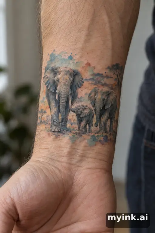 Elephant family walking together — Watercolor Family Tattoo reference image