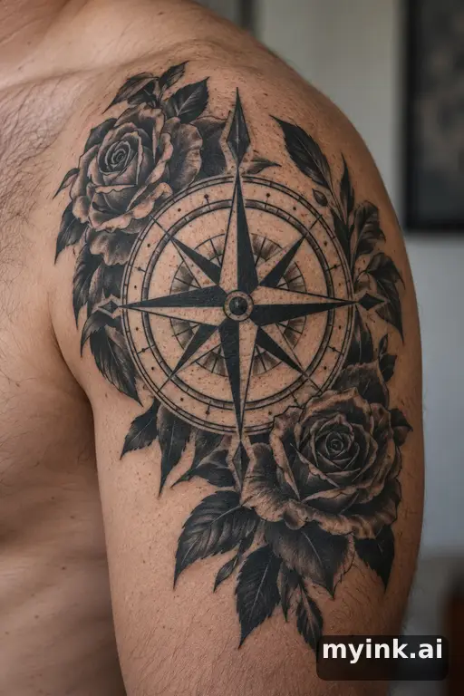 Compass with roses β Blackwork Compass Tattoo reference image