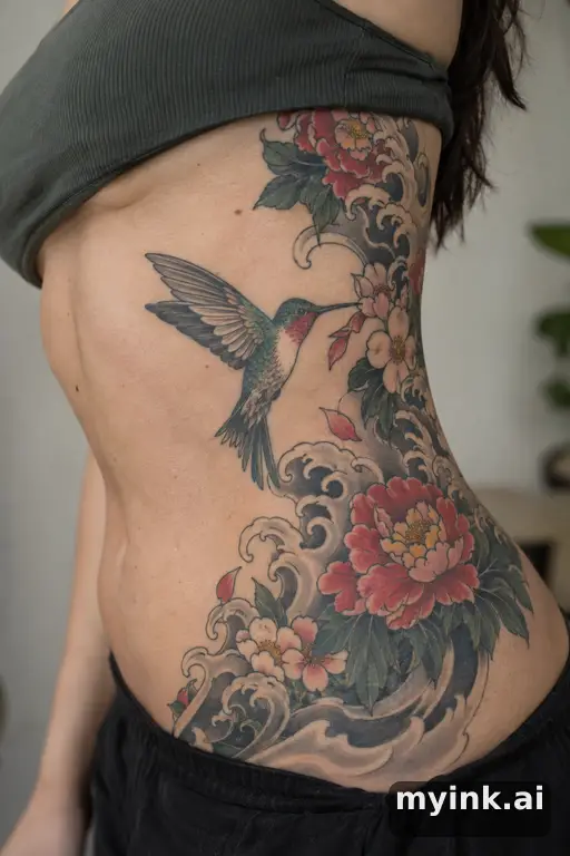 Hummingbird with flowers — Japanese Rib Tattoo reference image