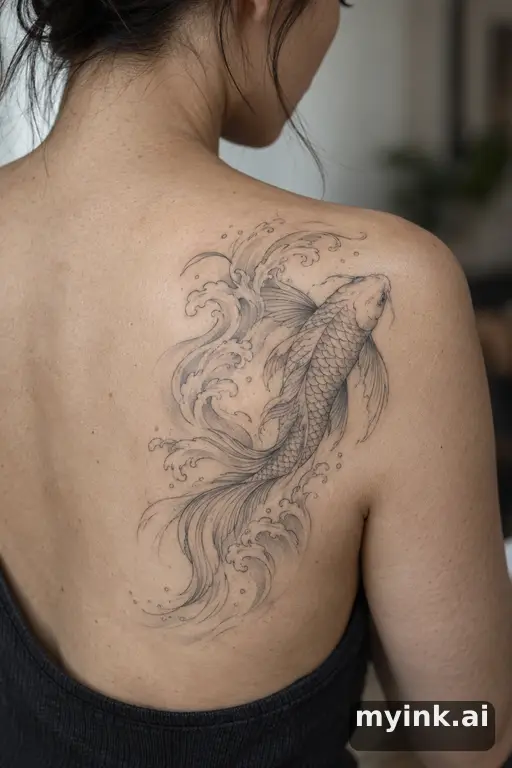 Koi fish in waves — Fine Line Tattoo for Women reference image