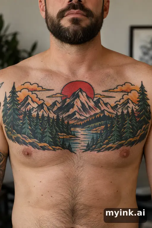 Mountain range with a pine forest β Traditional Chest Tattoo reference image