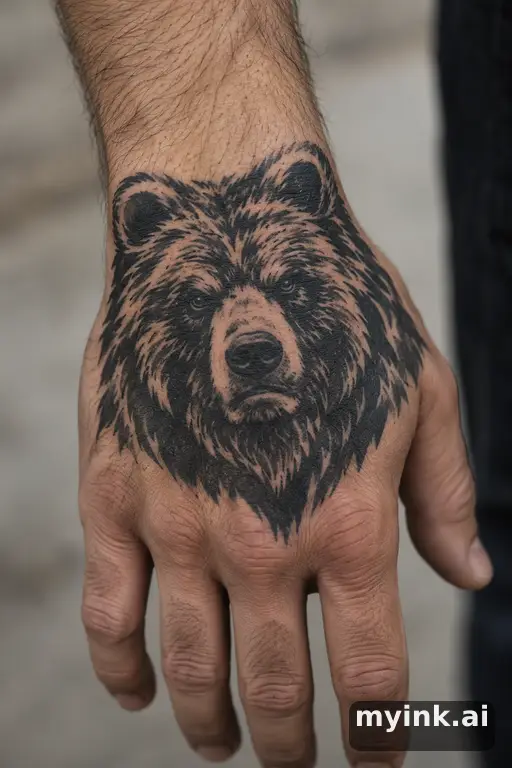 Grizzly bear head — Blackwork Hand Tattoo reference image