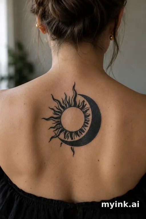 Sun and moon together — Blackwork Sun Tattoo reference image