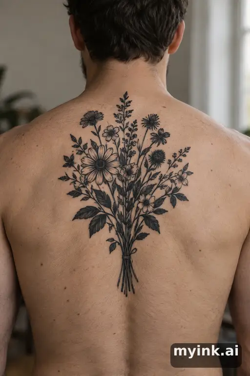 Botanical bouquet of wildflowers β Blackwork Masculine Tattoo reference image