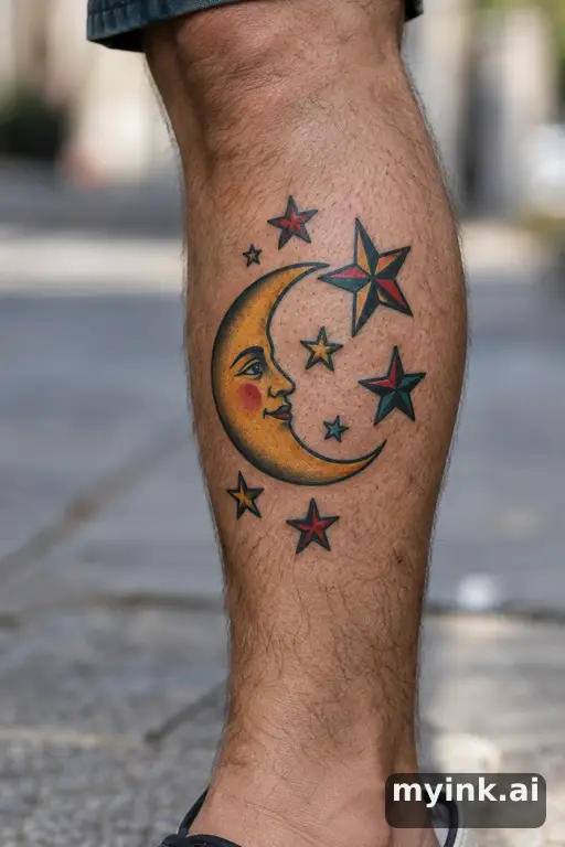 Crescent moon with stars — Traditional Leg Tattoo reference image