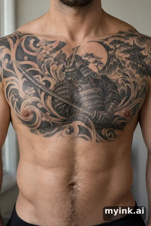 Samurai warrior with a katana β Tribal Chest Tattoo reference image