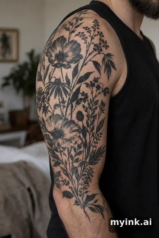 Botanical bouquet of wildflowers — Blackwork Half Sleeve Tattoo reference image