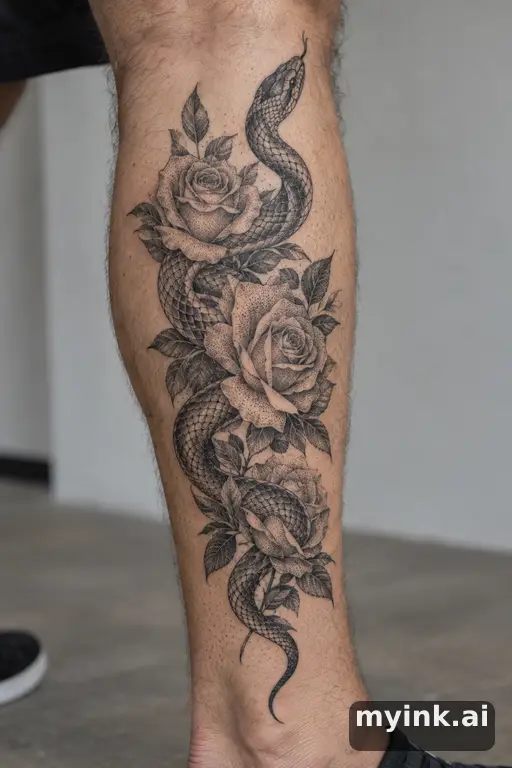 Snake winding through roses β Dotwork Leg Tattoo reference image