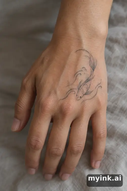 Koi fish swimming through waves — Minimalist Hand Tattoo reference image