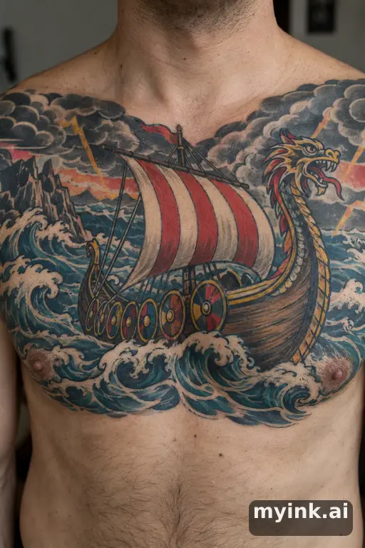 Viking longship on stormy seas β Traditional Chest Tattoo reference image