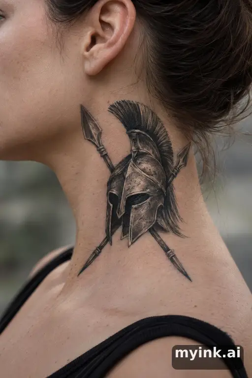 Spartan helmet with crossed spears — Realistic Neck Tattoo reference image