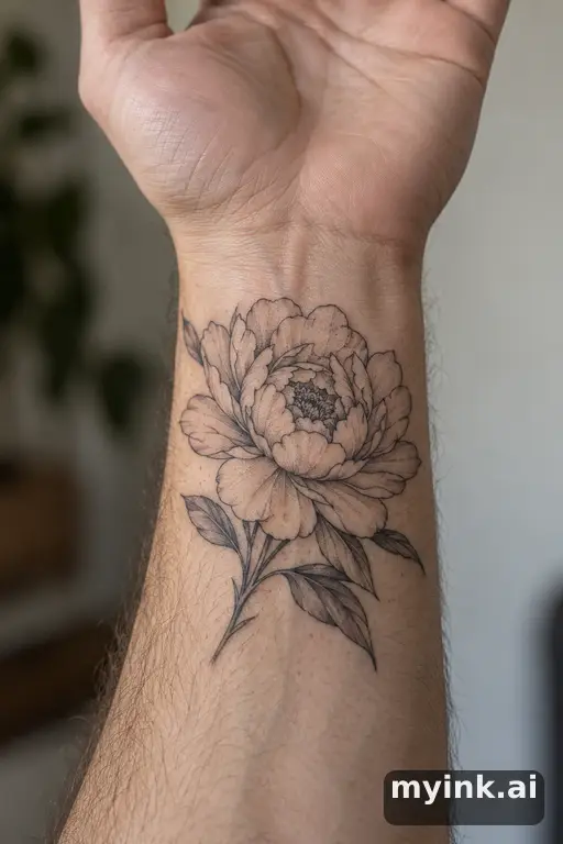 Blooming peony — Fine Line Tattoo reference image