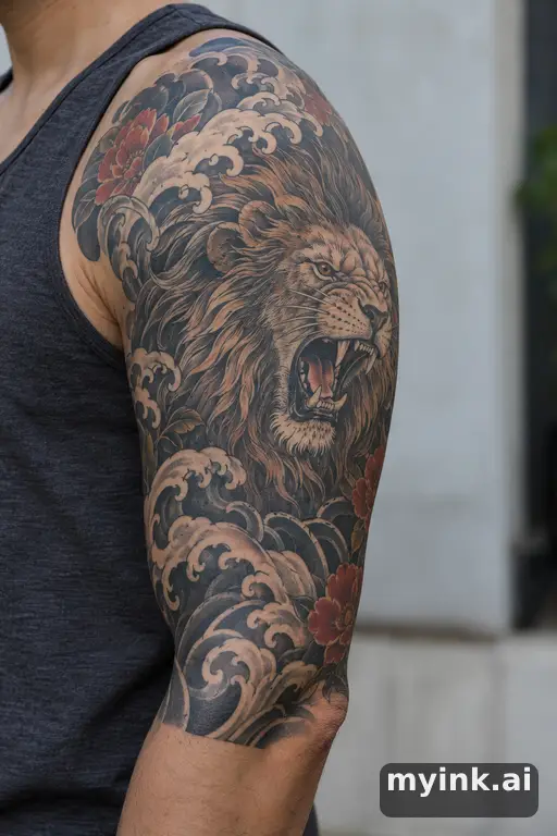 Roaring lion head β Japanese Half Sleeve Tattoo reference image