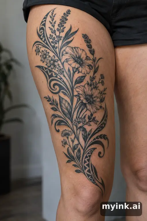 Botanical bouquet of wildflowers β Tribal Thigh Tattoo reference image