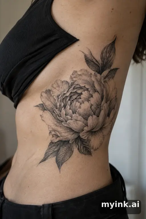 Blooming peony — Dotwork Rib Tattoo reference image