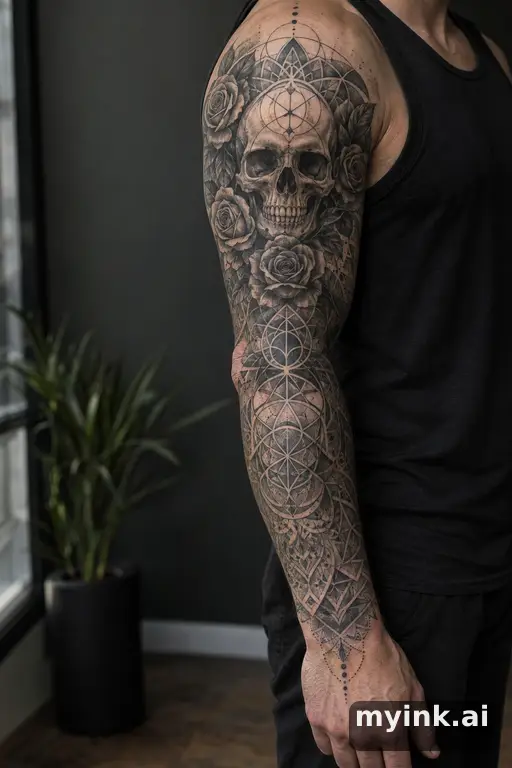 Skull with roses — Geometric Sleeve Tattoo reference image