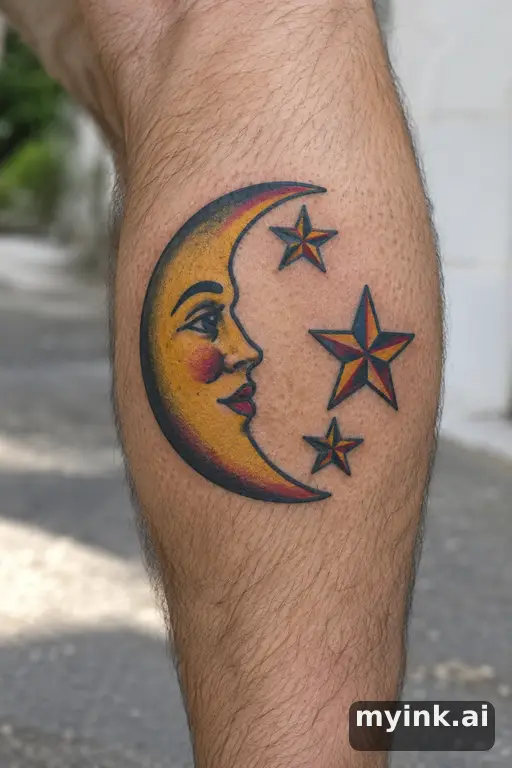 Crescent moon with stars β Traditional Leg Tattoo reference image