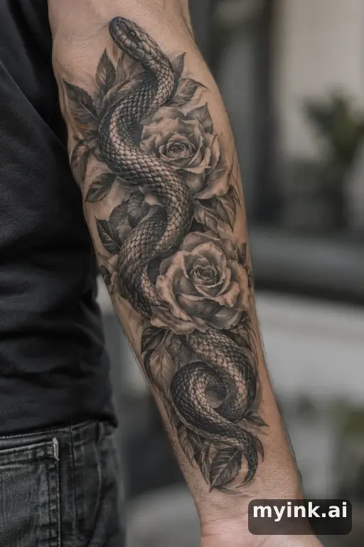 Snake winding through roses — Realistic Forearm Tattoo reference image