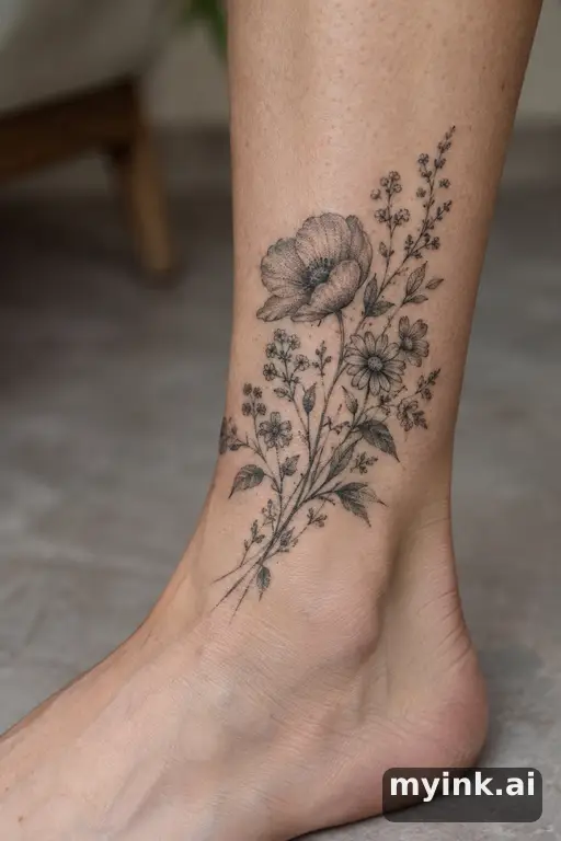Botanical bouquet of wildflowers β Dotwork Tattoo for Women reference image